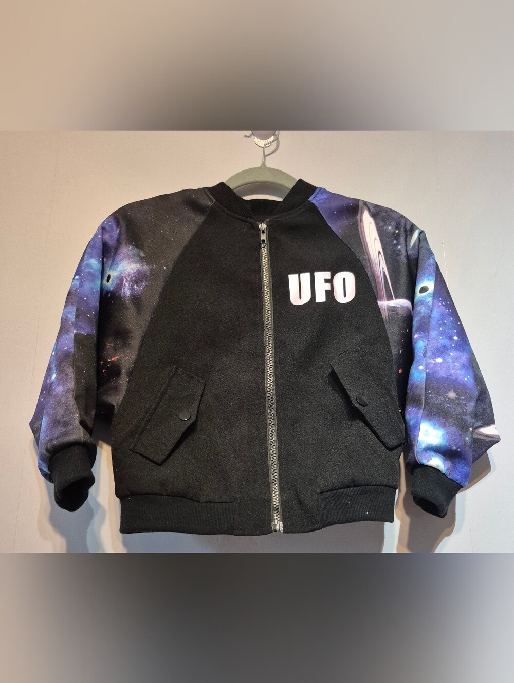 Black Kids Bomber Jacket with Galaxy Sleeves and UFO Graphic